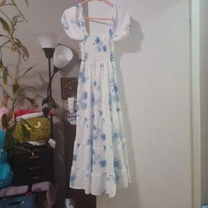 White and Blue Floral Summer Maxi Dress